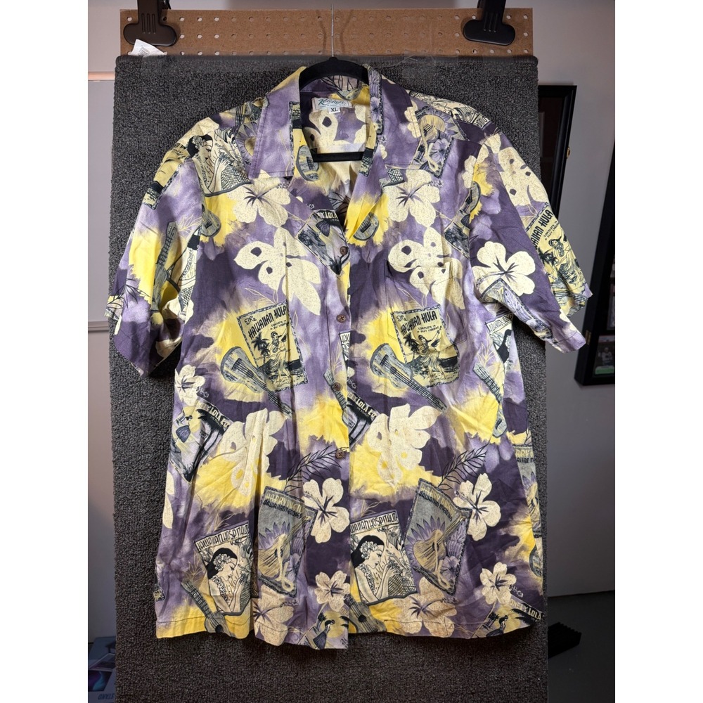 Kolekole Hawaiian Shirt Mens XL Purple Yellow Hula Ukulele Hibiscus Print 401